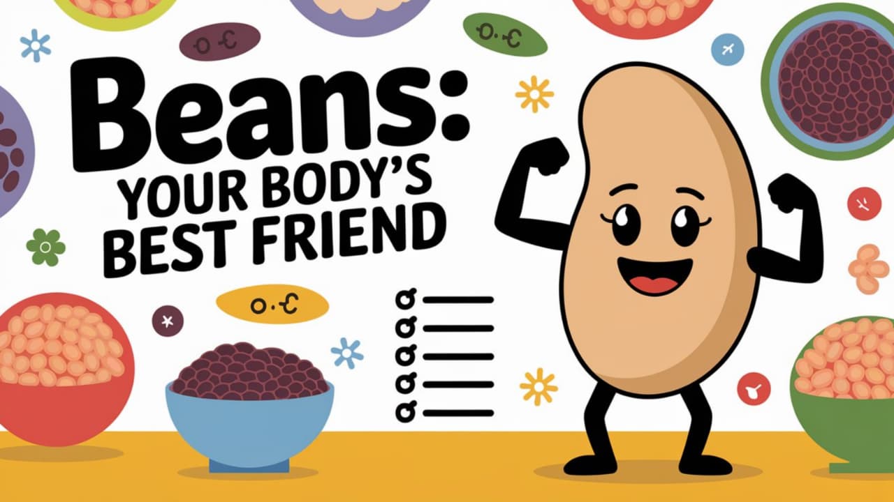 Illustration of a bean with the words, Beans your body's best friend